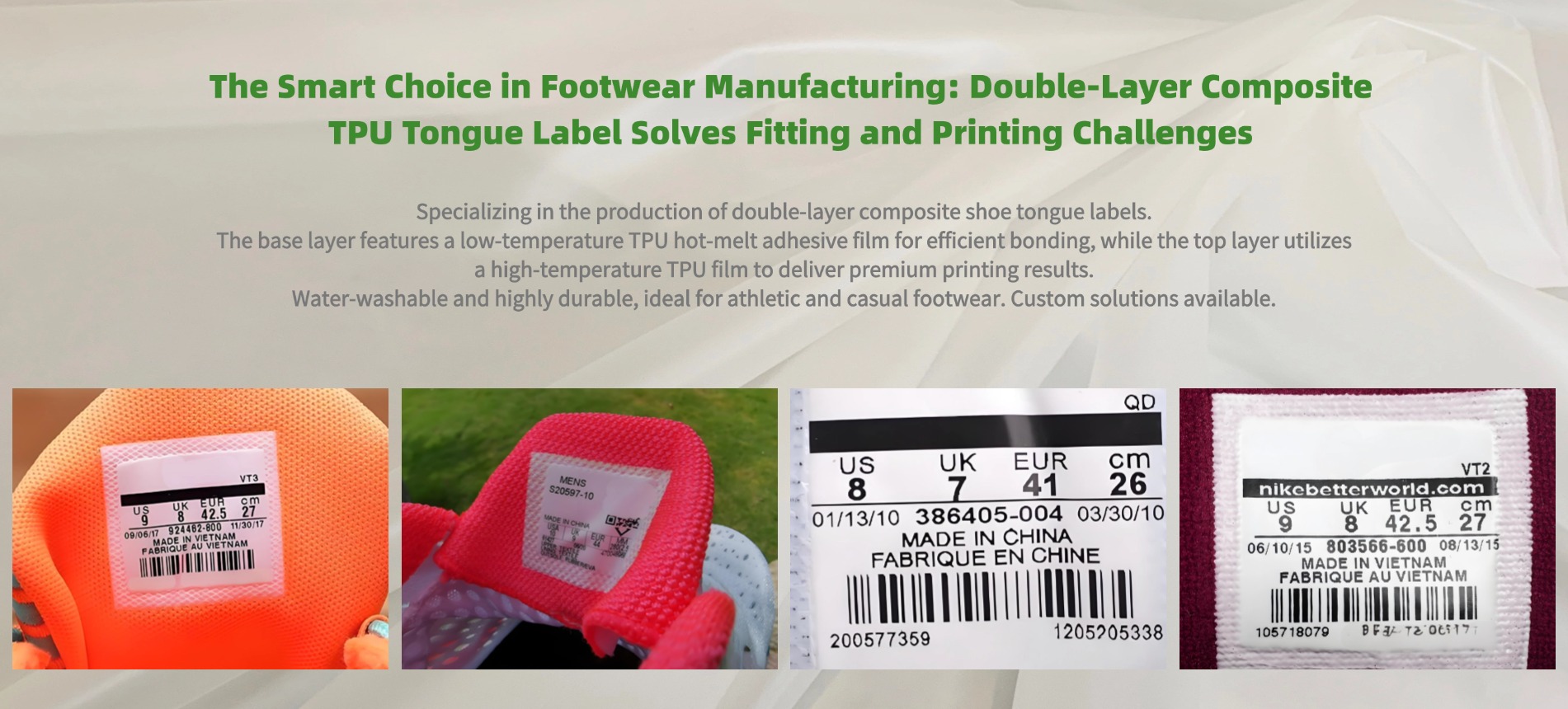 Double layer TPU tongue label with low and high temperature TPU film by GREEN TPU, durable and water washable for athletic and casual shoes
